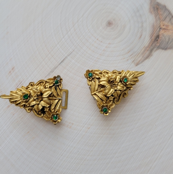 Antique Accessories - Antique Gold-tone & Green Rhinestone Belt Buckle